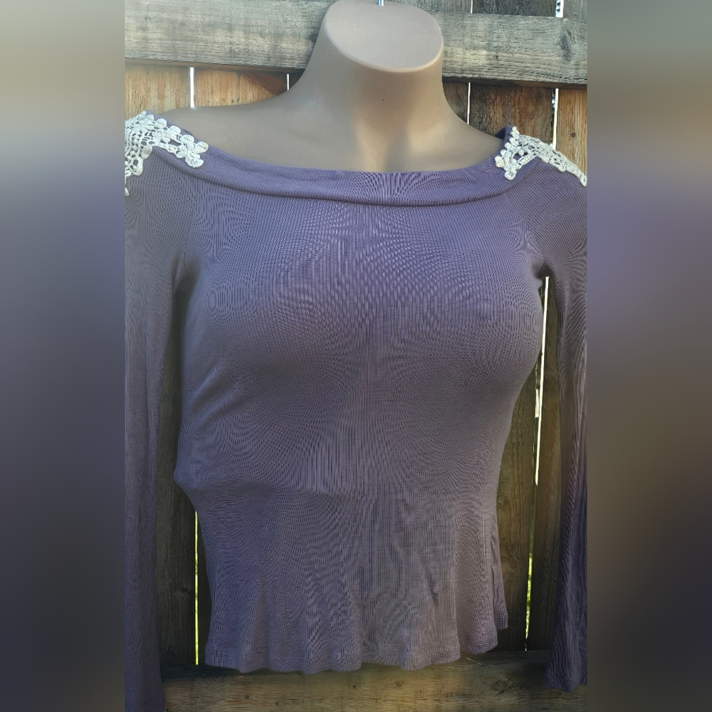 Pink Rose Lavender Long Sleeve Ribbed Off Shoulder Tee with Lace Accents